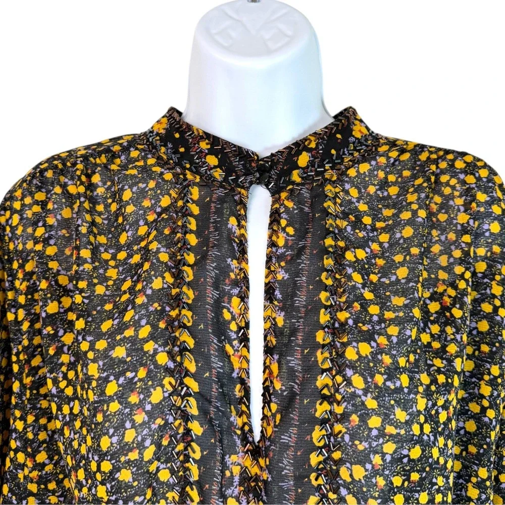 Free People Womens Sheer Floral Beaded Peplum Top Sz M Black Yellow Boho Cottage